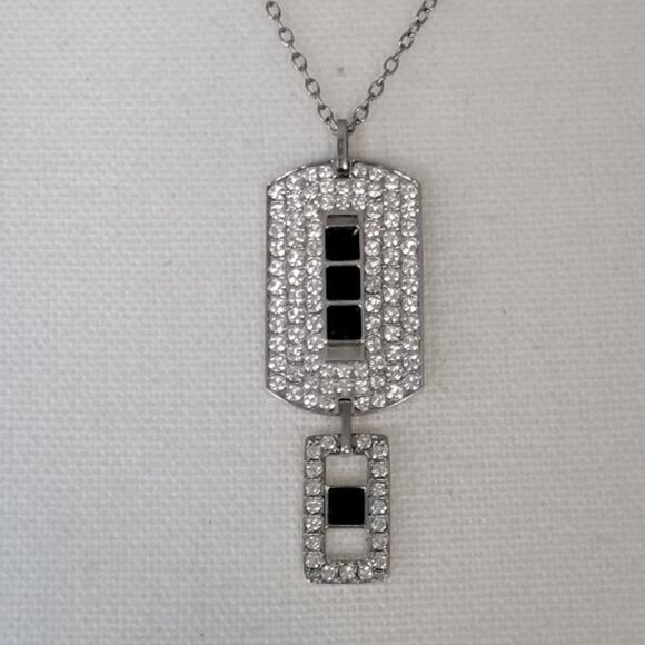 Swarovski Black & White Crystals Dog-Tag Pendant Necklace w/ Logo Stamp - In Box - Picture 2 of 7